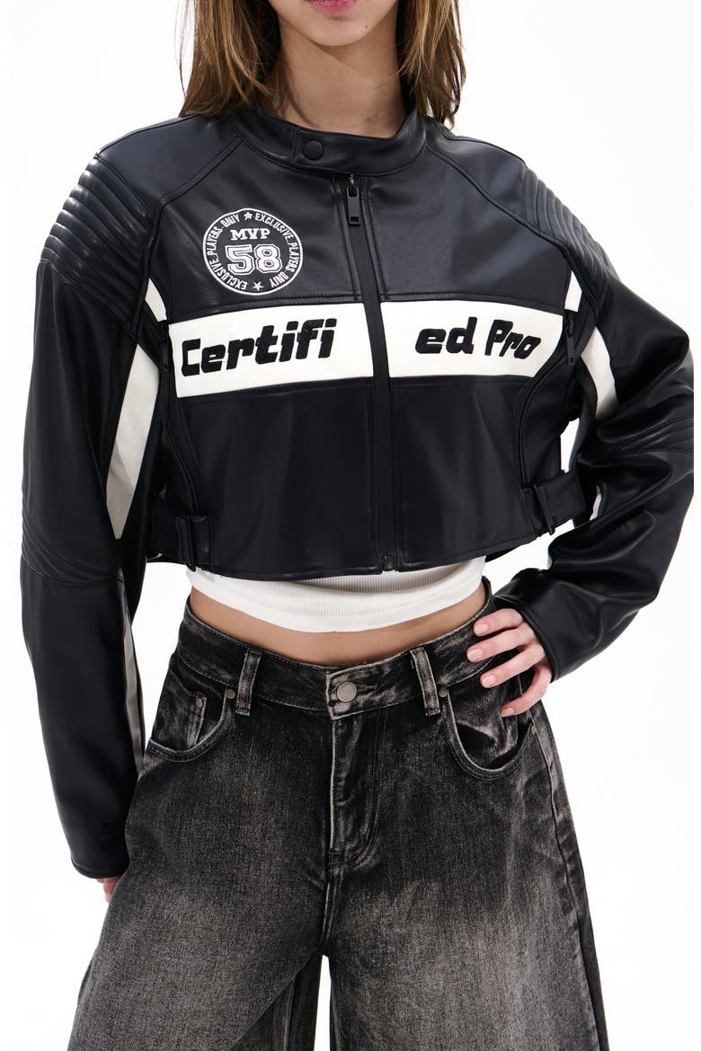 Crop Faux Leather Racing Jacket, Main, color, BLACK