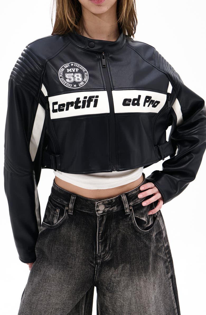 AZALEA WANG Crop Faux Leather Racing Jacket, Main, color, Black