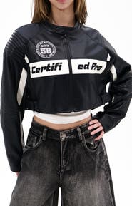 AZALEA WANG Crop Faux Leather Racing Jacket