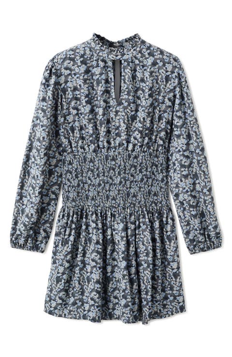Smocked Print Long Sleeve Dress