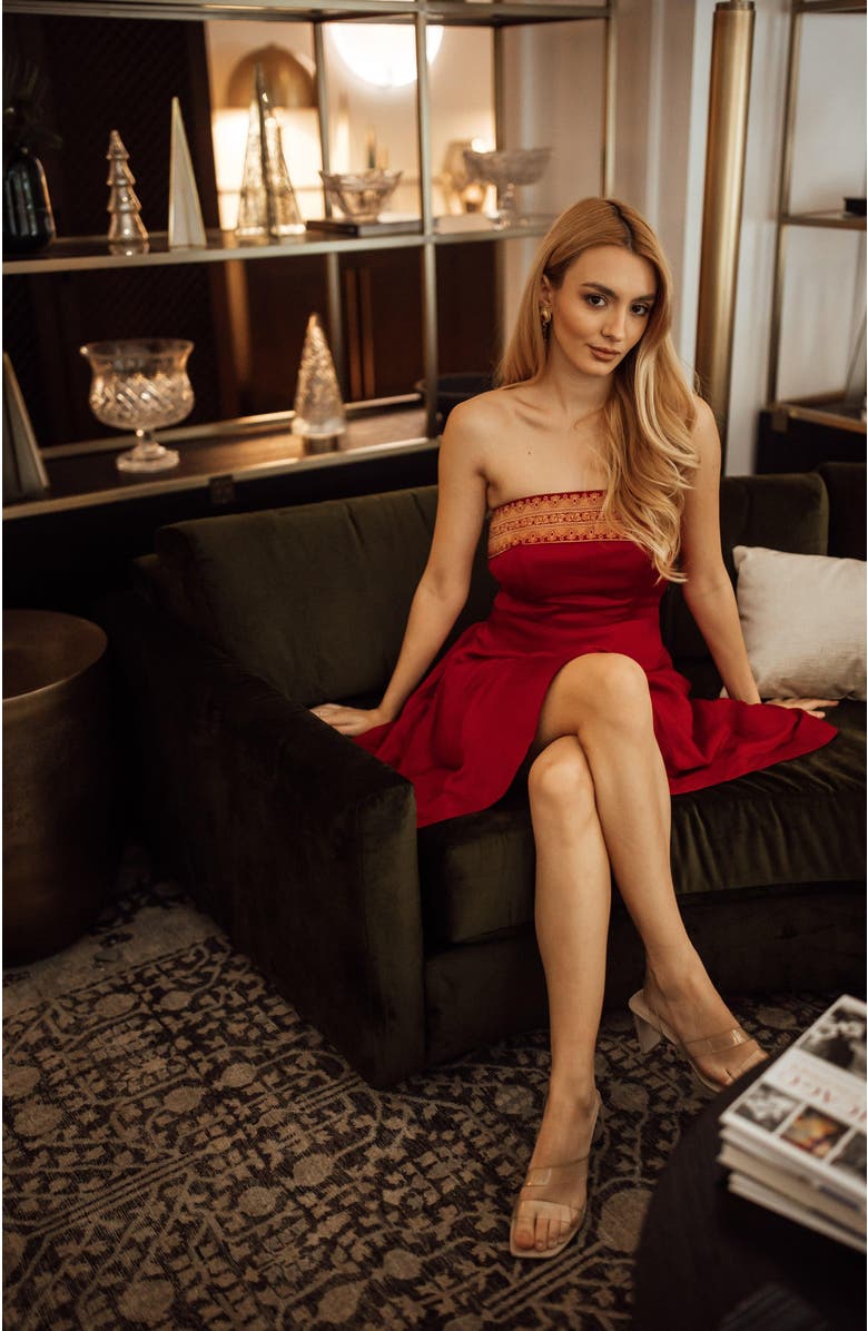 RAAS Cerise Jacquard Border Strapless Mini Dress, Alternate, color,