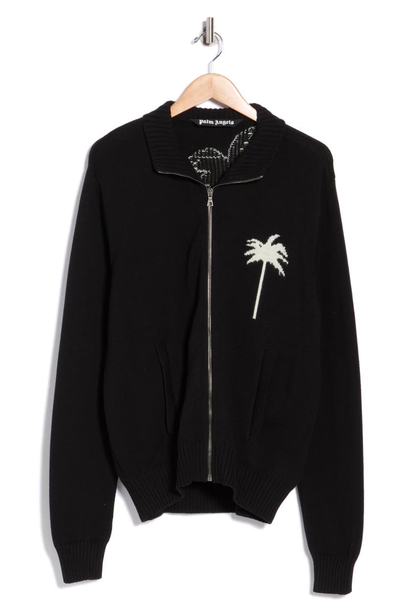 Palm Angels Palm Tree Cotton & Wool Zip Cardigan, Main, color, Black White