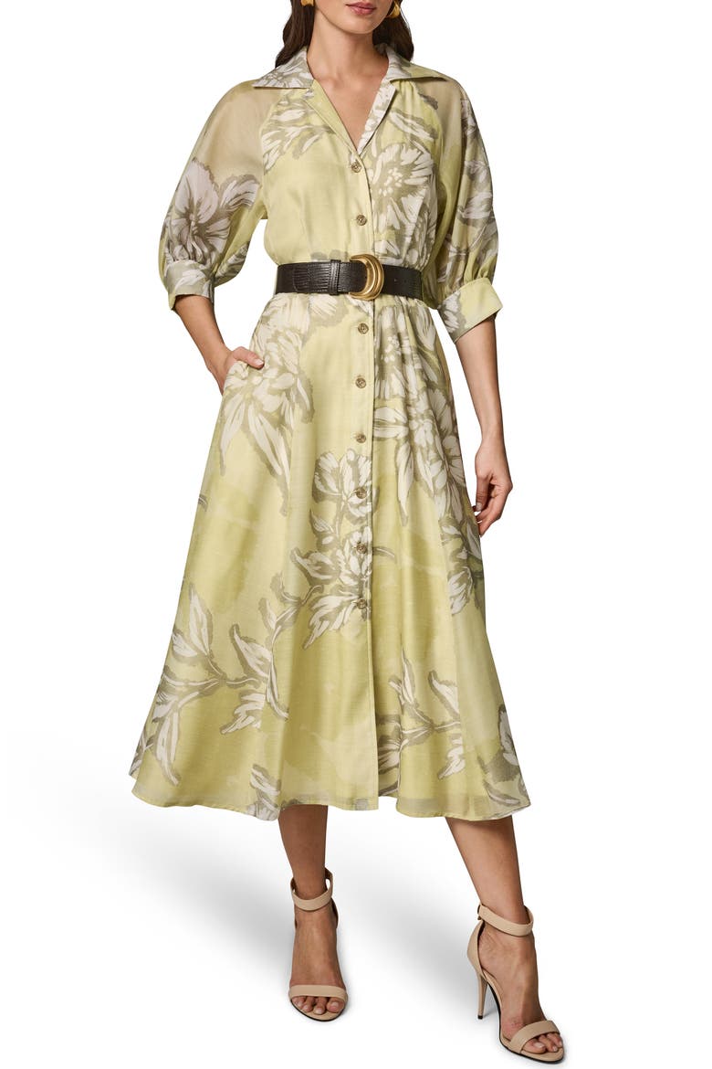 floral print belted shirt dress Women's Floral Organza Belted Shirt Dress, Yellow
