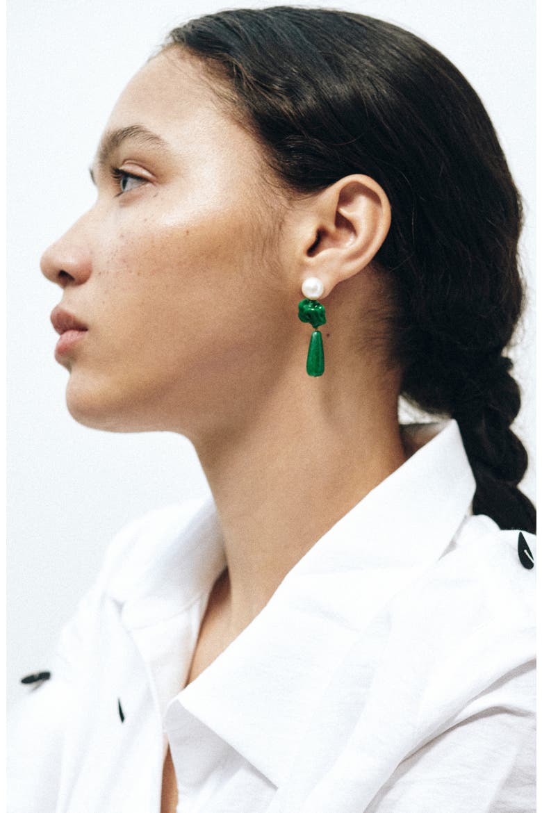 The Depths of Time Freshwater Pearl & Chalcedony Drop Earrings, Alternate, color, GREEN 18CT GOLD PLATED