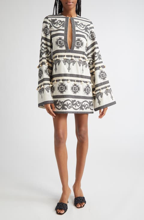 Quetzalcalt Temple Long Sleeve Cotton Minidress