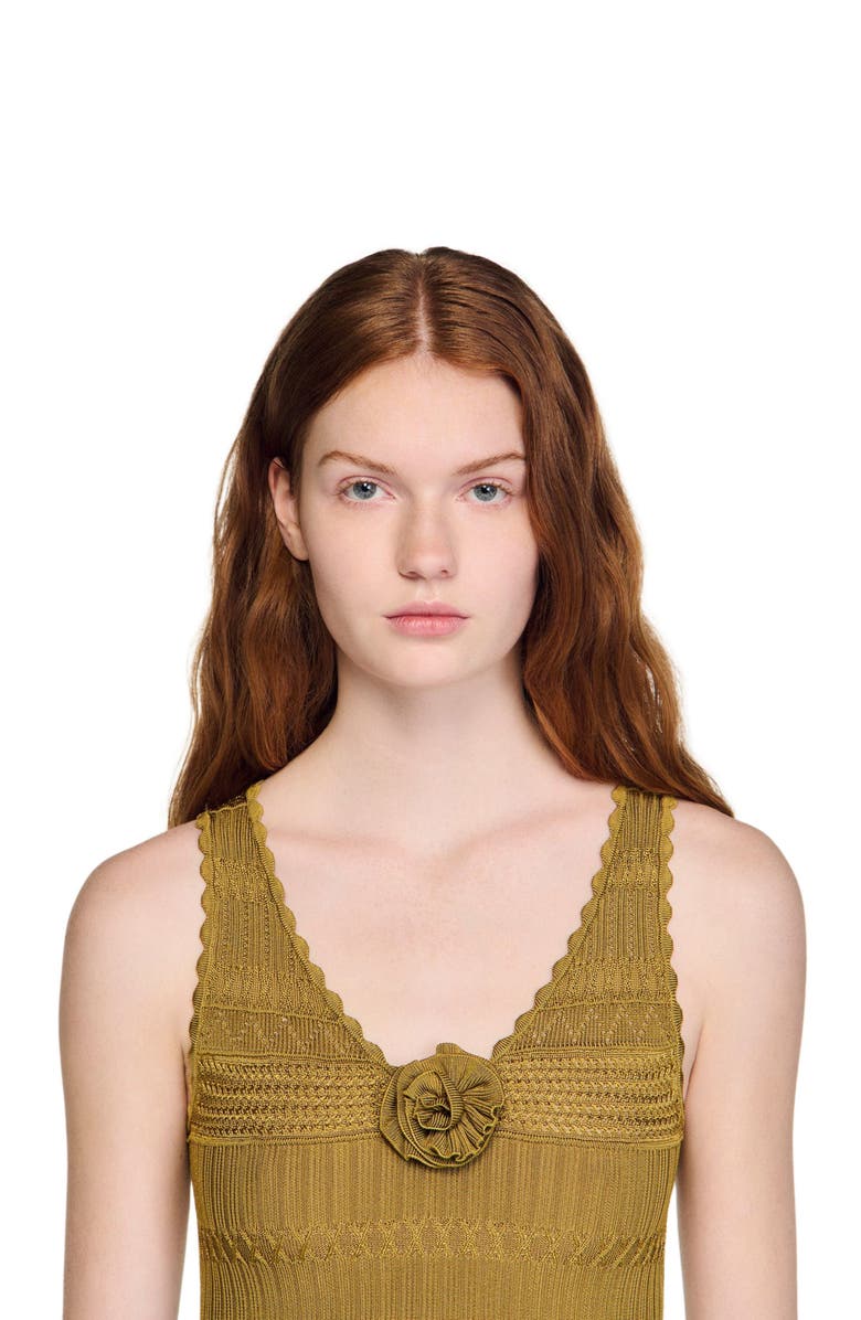SANDRO Floral pointelle knit top, Alternate, color, Olive