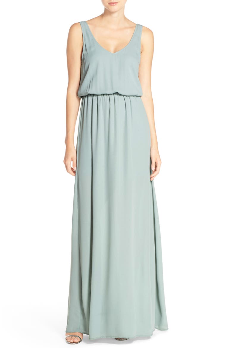 Kendall Blouson A-Line Gown, Main, color, SILVER SAGE CRISP