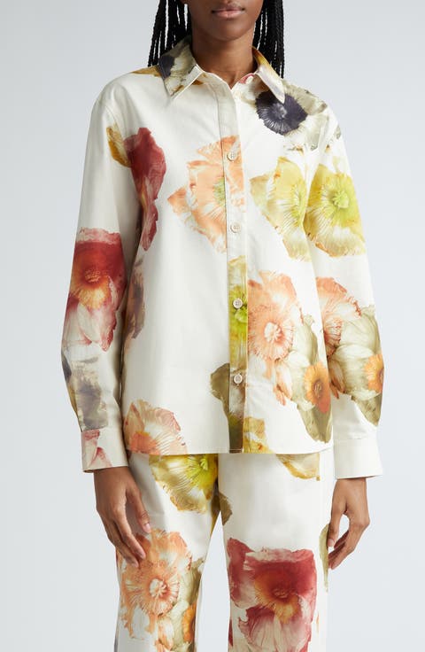 Carola Floral Long Sleeve Organic Cotton Button-Up Shirt