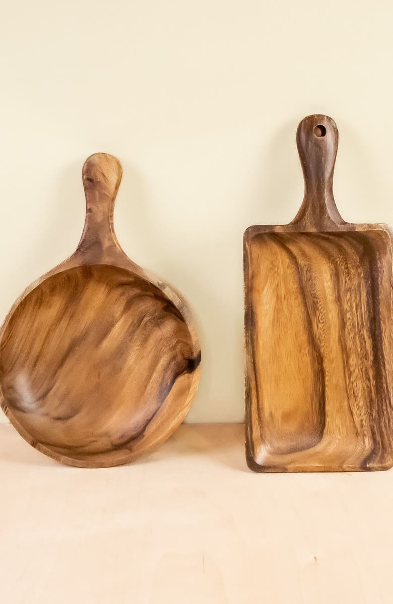 LIKHA Acacia Serving Tray with Handle, Alternate, color, Natural Brown Round Tray