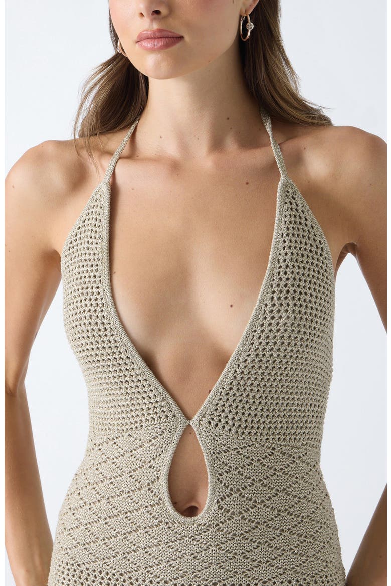Metallic Open Stitch Halter Dress, Alternate, color, BEIGE