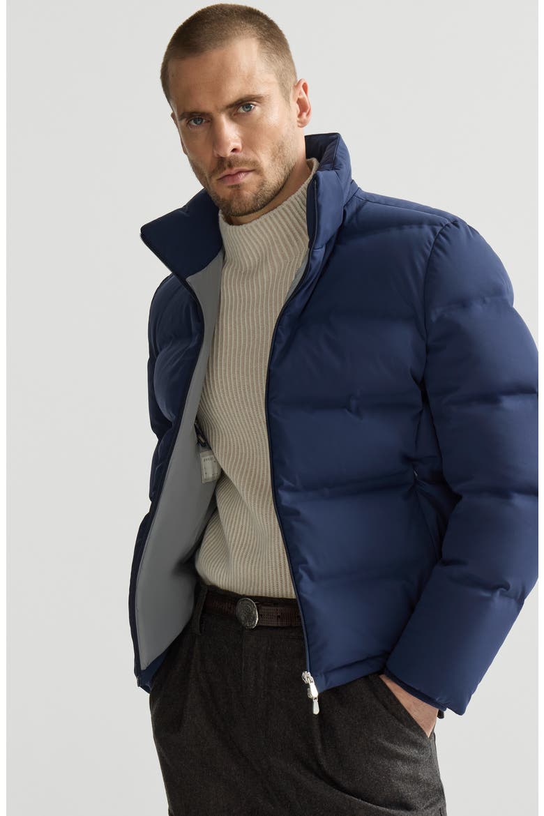 Stretch bonded nylon down jacket with heat-bonded seams and detachable hood, Alternate, color, Blue