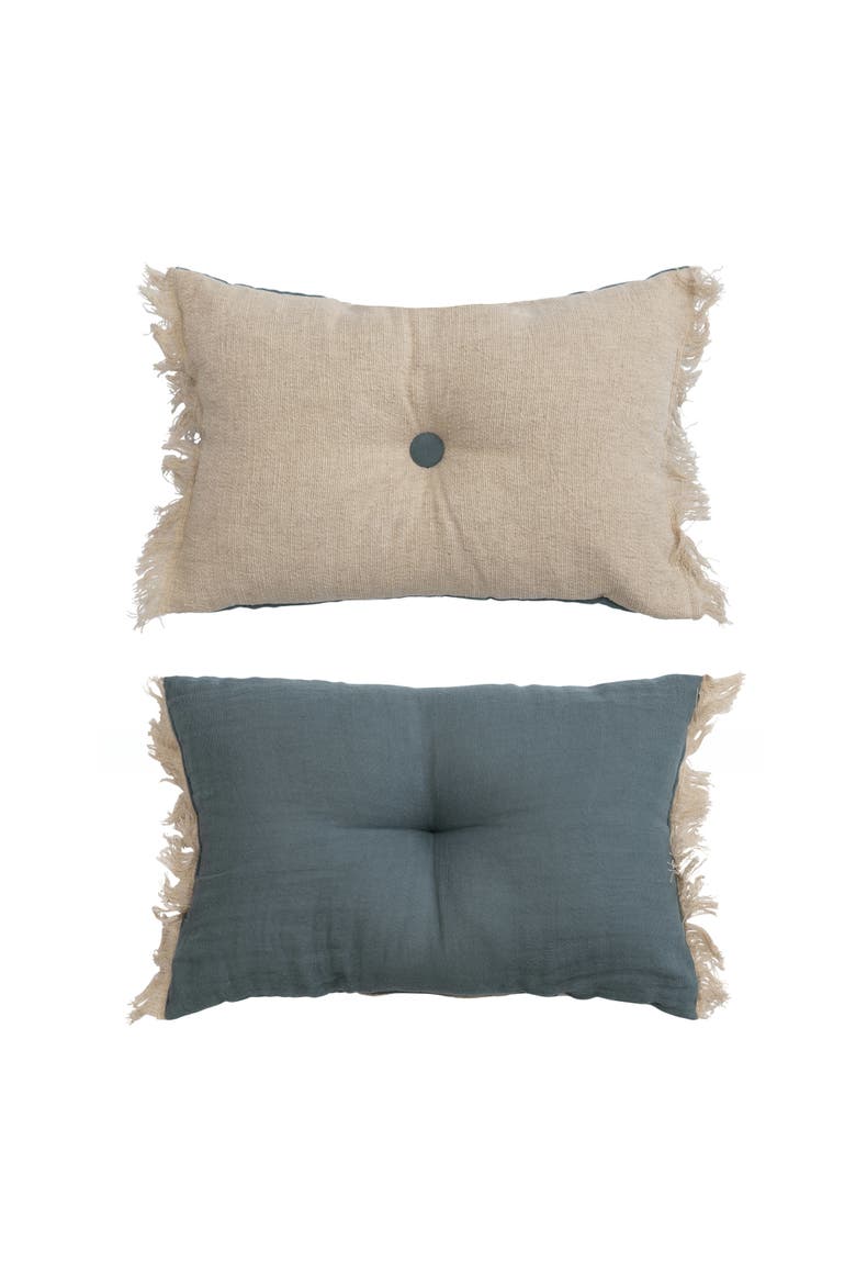 Two Sided Linen Blend Tufted Lumbar Pillow with Button and Fringe, Main, color, Cream