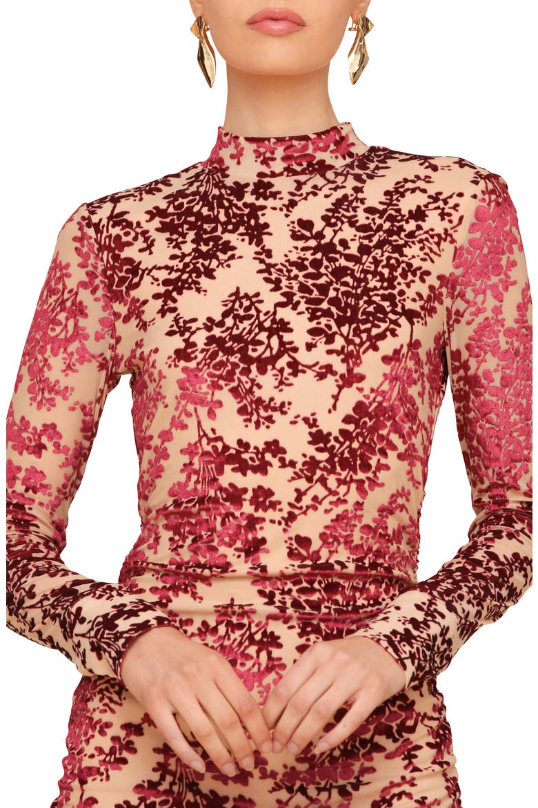 Mock Neck Long Sleeve Burnout Velvet Cocktail Dress, Alternate, color, BURGUNDY