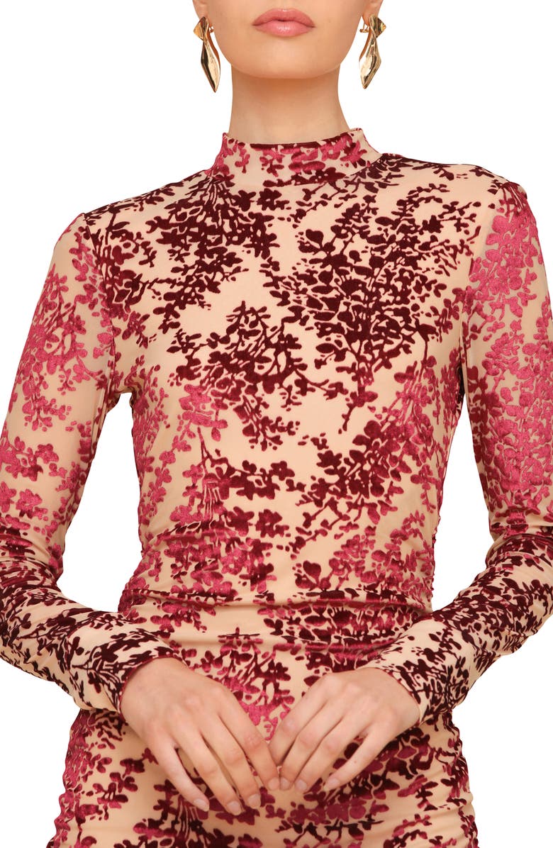 Avec Les Filles Mock Neck Long Sleeve Burnout Velvet Cocktail Dress, Alternate, color, Burgundy