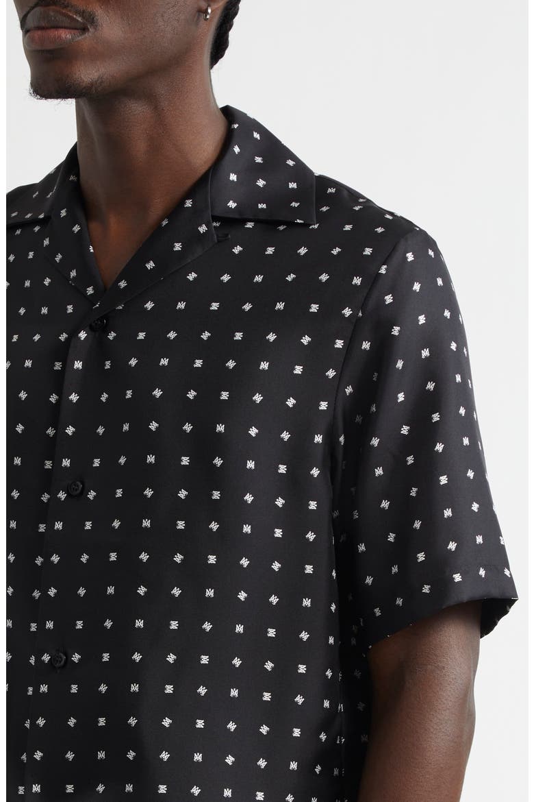 Mix & Match Monogram Logo Print Silk Camp Shirt, Alternate, color, BLACK