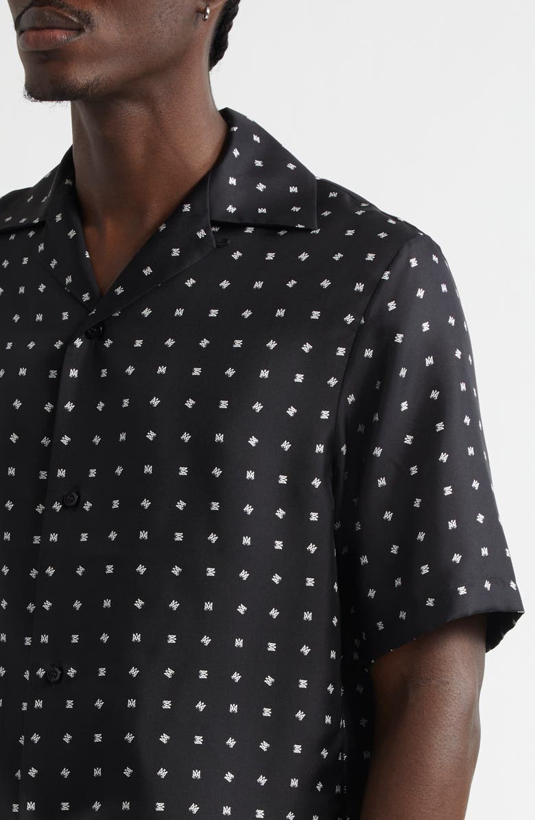 AMIRI Mix & Match Monogram Logo Print Silk Camp Shirt, Alternate, color, Black