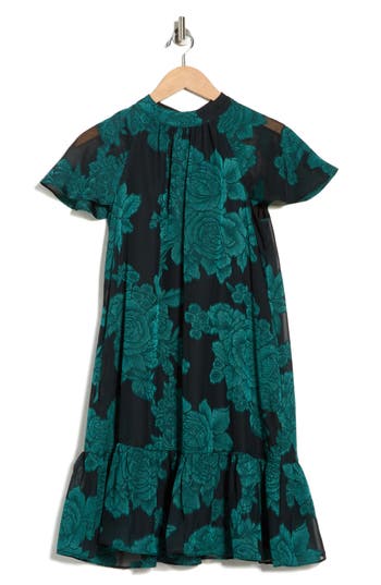 Eliza J Floral Short Sleeve Tie Back Trapeze Dress In Green