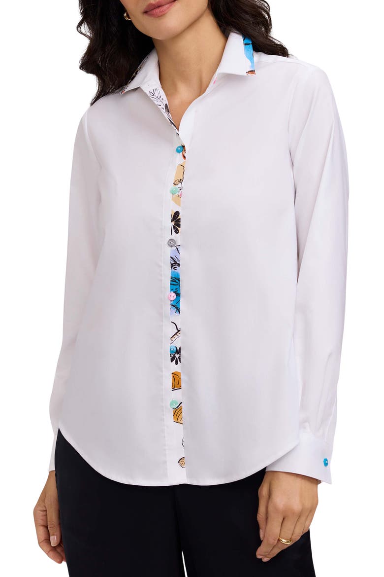 Charlie Floral Trim Cotton Blend Button-Up Shirt, Main, color, WHITE