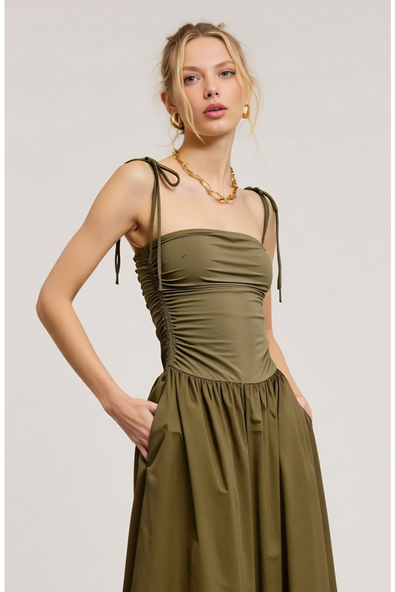 Ruched Bodice Midi Dress with Tie Straps and Full Gathered Skirt, Alternate, color, Olive Green