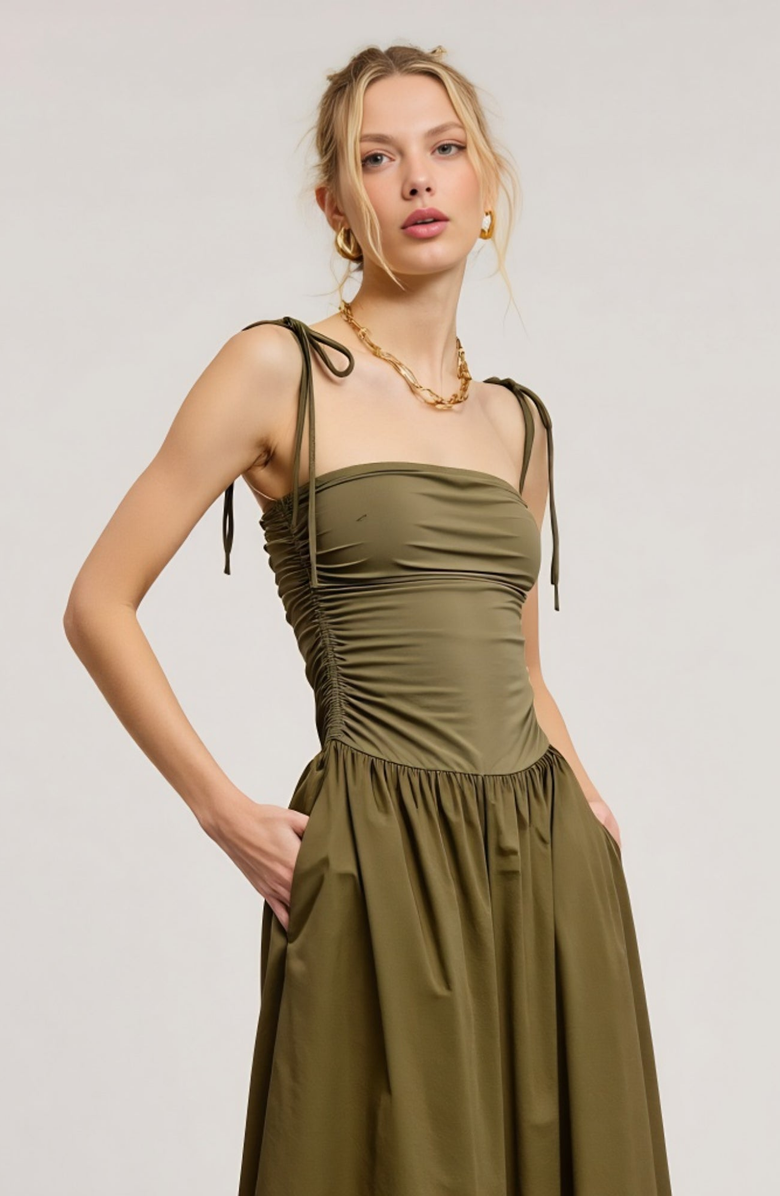 Modenaire Ruched Bodice Midi Dress with Tie Straps and Full Gathered Skirt, Alternate, color, Olive Green