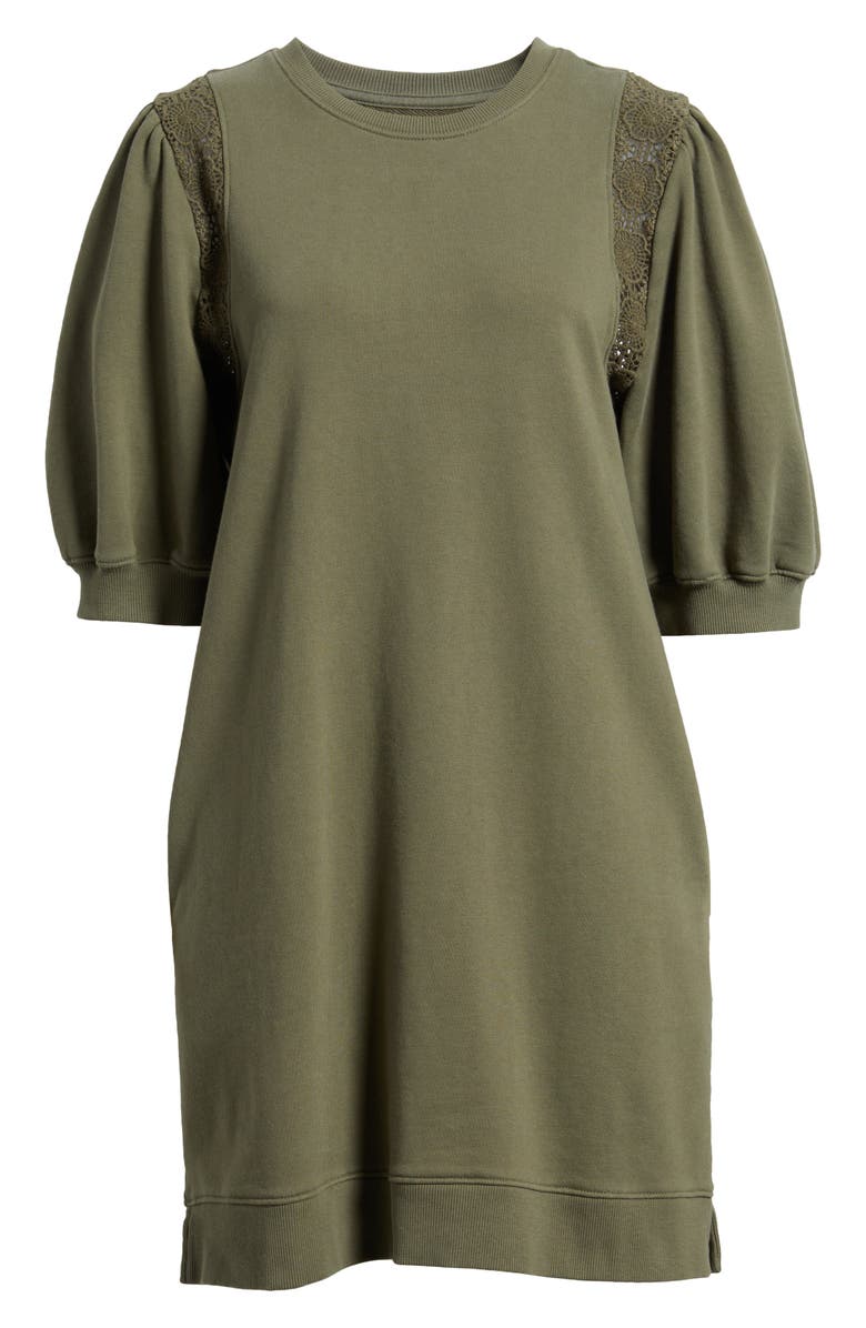 Treasure & Bond Lace Inset Puff Sleeve Cotton Blend Sweatshirt Dress, Alternate, color, Olive Kalamata
