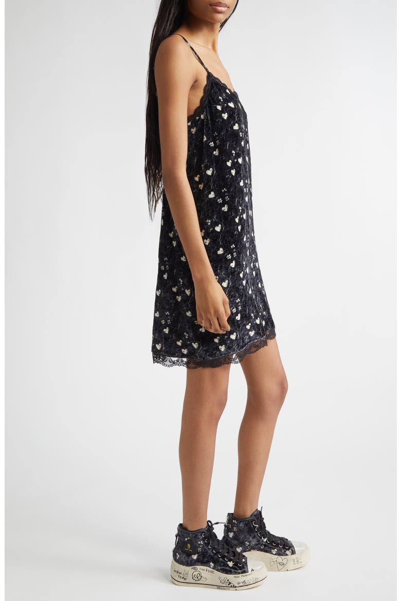 Heart Print Lace Trim Crushed Velvet Slipdress, Alternate, color, HEARTS ON BLACK