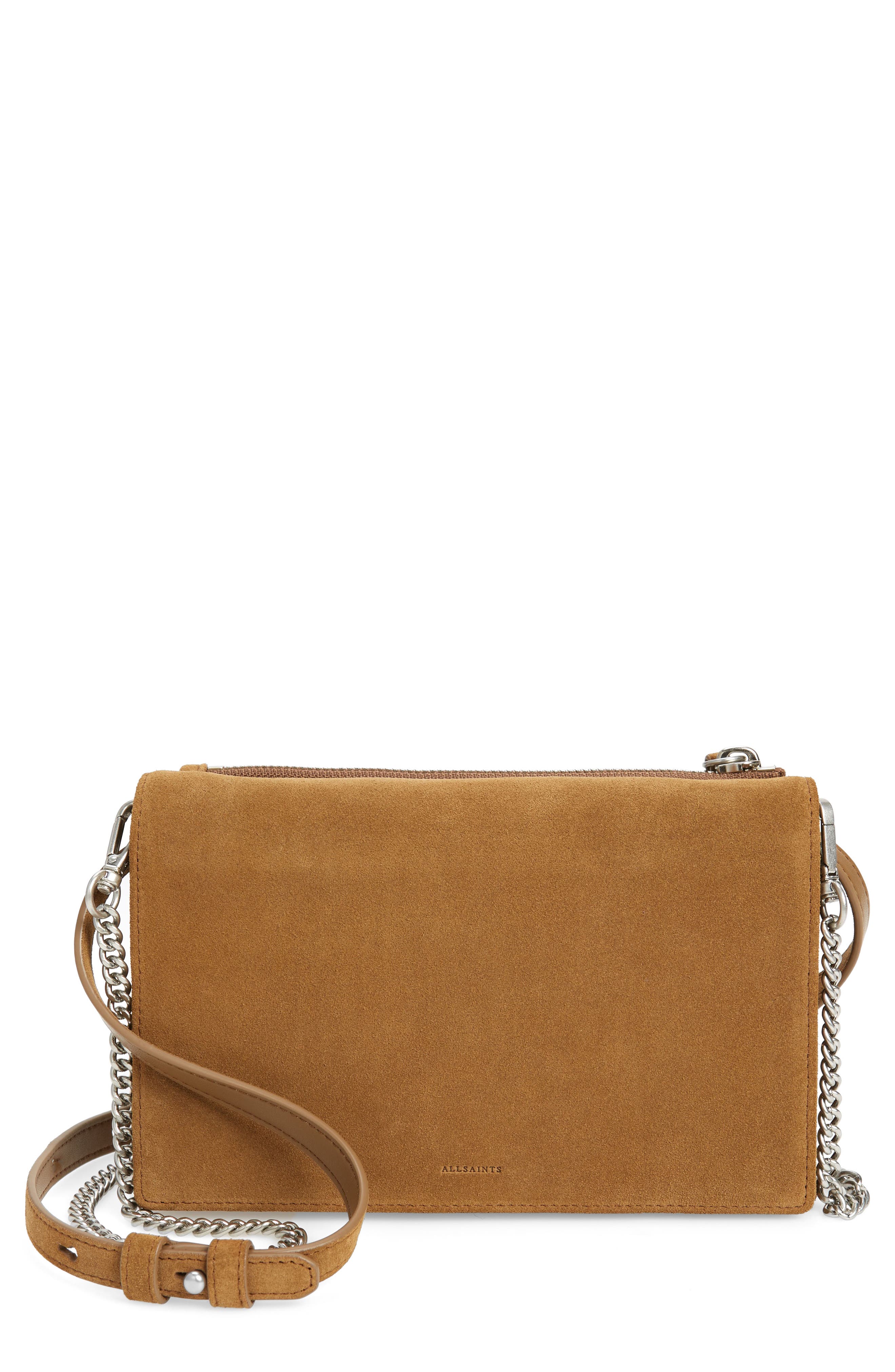 Fetch Leather Chain Crossbody Wallet, Main, color, CONKER BROWN