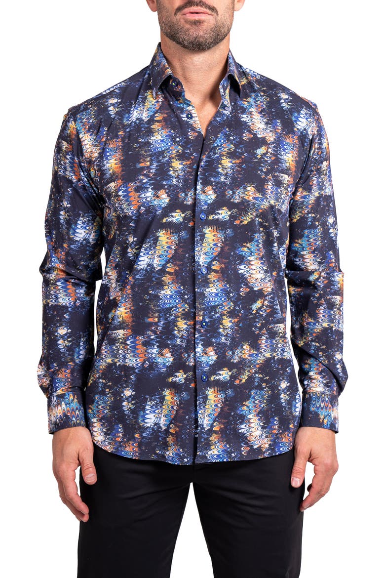 Fibonacci Ascension Contemporary Fit Button-Up Shirt, Main, color, BLACK