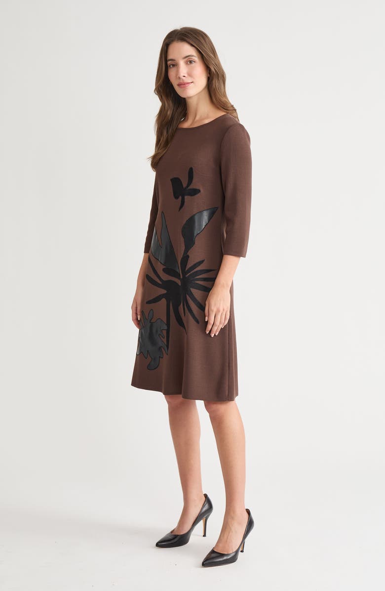 Ming Wang A-Line Botanical Applique Knit Dress, Alternate, color, Dark Umber/Black