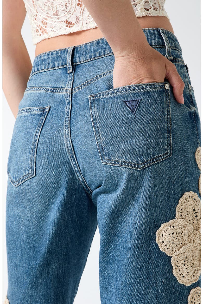 Gaia Floral Appliqué High Waist Straight Leg Jeans, Alternate, color, DARK BLUE