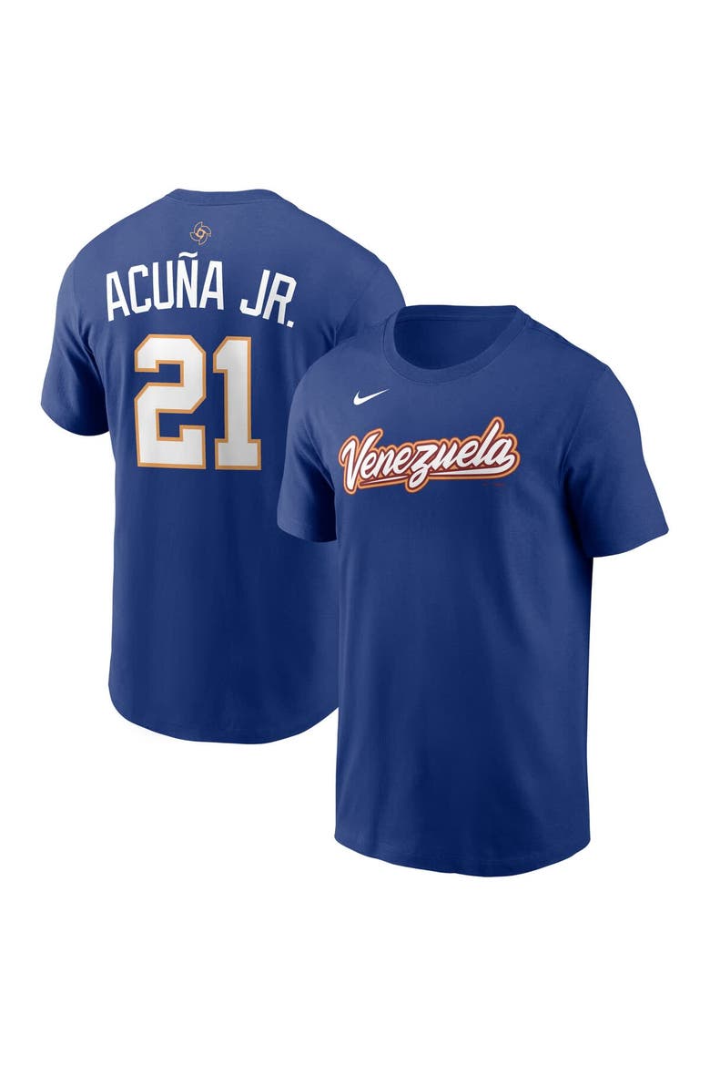 Men's Nike Ronald Acuna Jr. Rush Blue Venezuela Baseball 2026 World Baseball Classic Name & Number T-Shirt, Main, color, Rush Blue