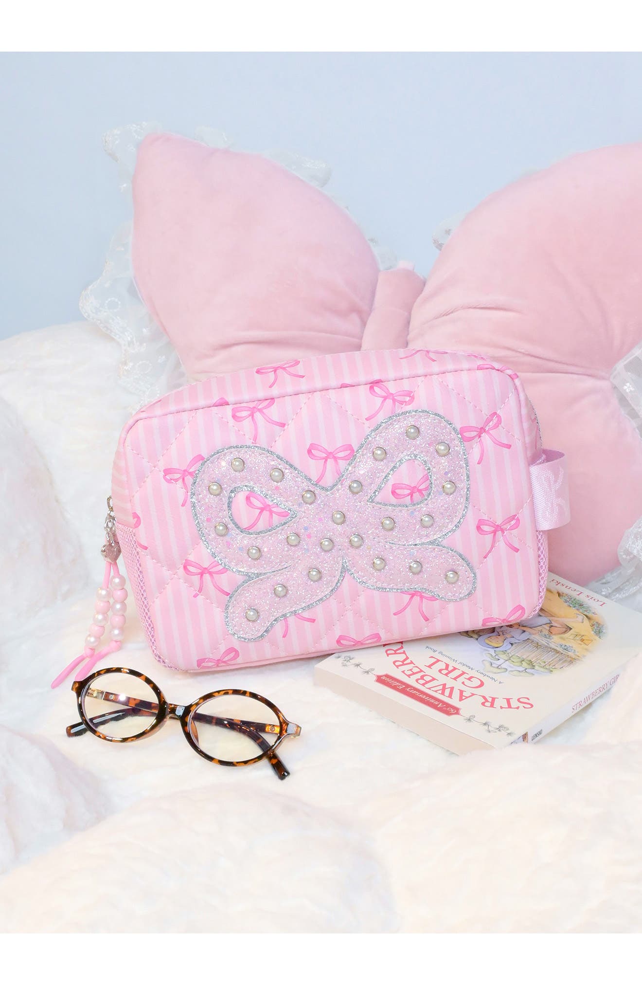 Kids' Bow Pearl Quilted Cosmetic Pouch, Alternate, color, LOLLIPOP