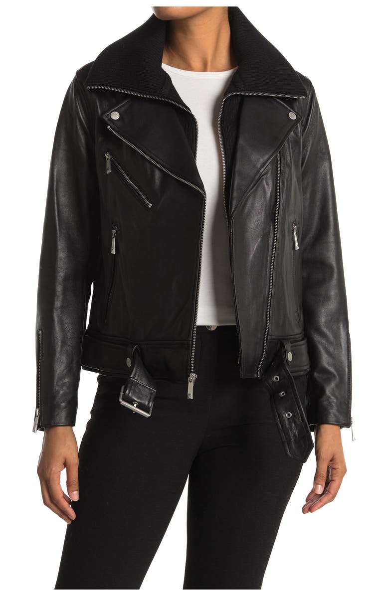 BCBGMAXAZRIA Knit Trim Lamb Leather Jacket, Main, color,