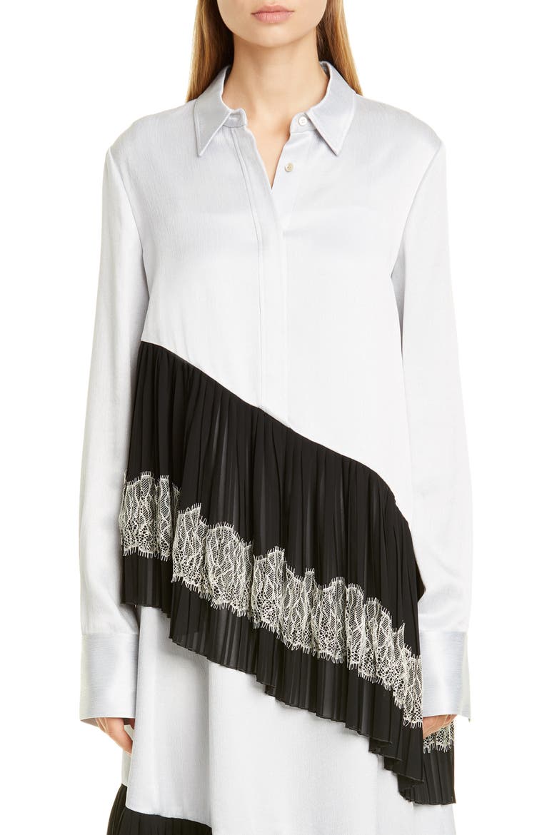 Antique Lace Trim Pleated Satin Shirt, Main, color, FROST BLUE