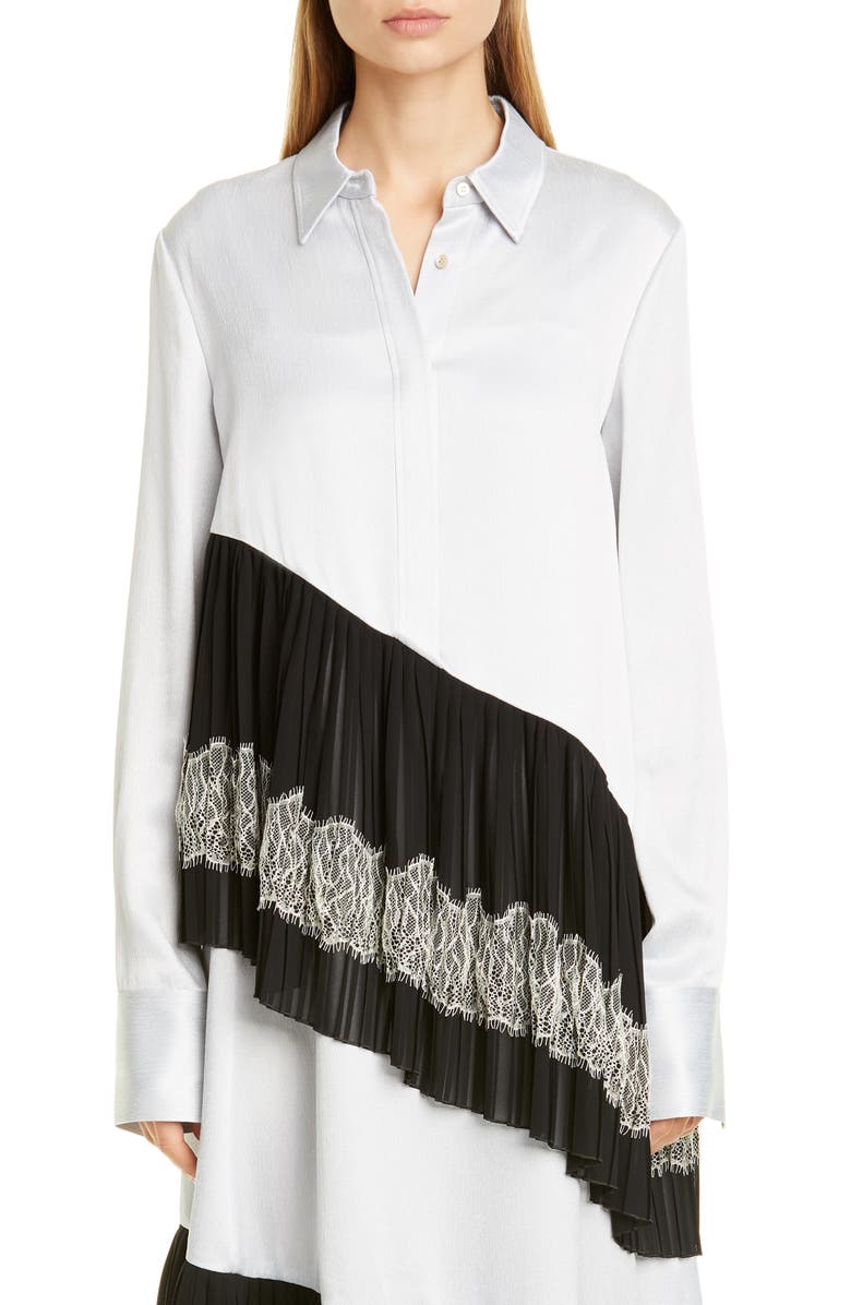 Adeam Antique Lace Trim Pleated Satin Shirt, Main, color, 