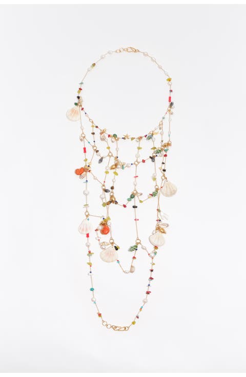 Maxi Necklace With Chains And Seashell Multi-Charms