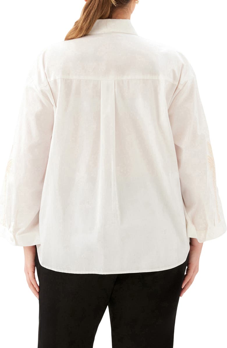Karen Kane Embroidered Palm Tree Cotton Button-Up Shirt, Alternate, color, Off White