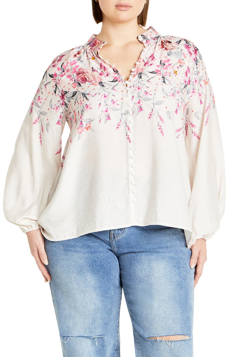 City Chic Keyla Floral Long Sleeve Satin Top, Main, color, 