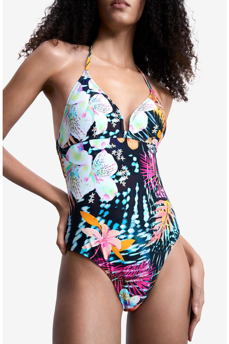 Floral Halter One-Piece Swimsuit, Main, color, BLACK