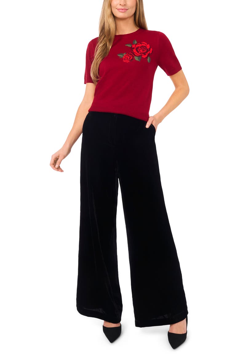 Nora Intarsia Rose Short Sleeve Sweater, Alternate, color, BRICK RED