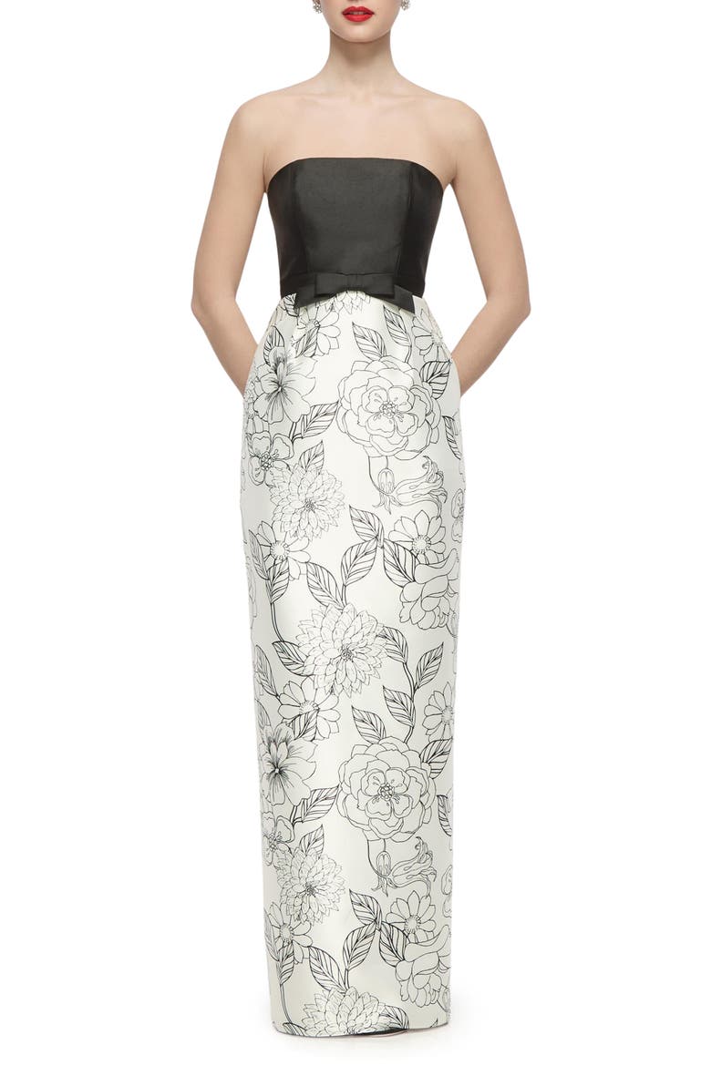 Tilly Mixed Media Column Gown, Main, color, BLACK/ BOTANICA PRINT