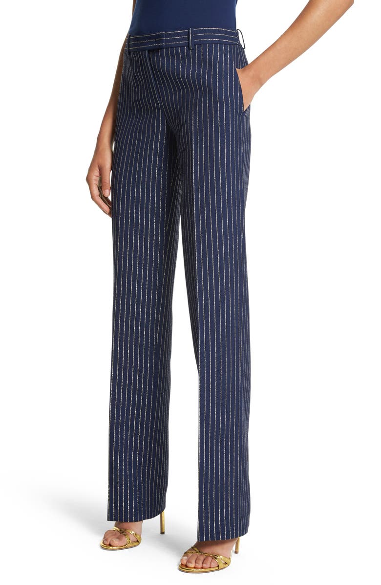 Michael Kors Collection Carolyn Metallic Pinstripe Straight Leg Pants, Main, color, 447 Navy/Gold Metallic