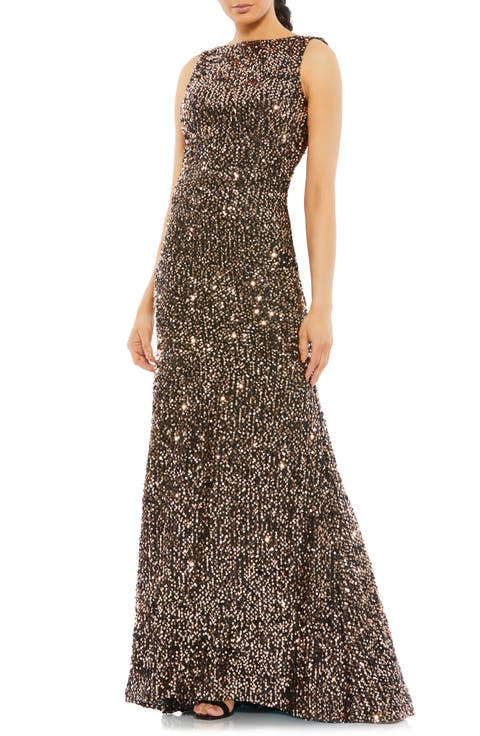 Open Cowl Back Boat Neck Sequined Evening Gown