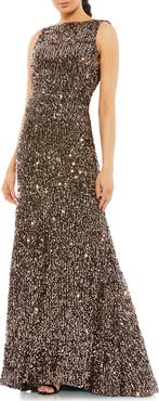 Mac Duggal Open Cowl Back Boat Neck Sequined Evening Gown