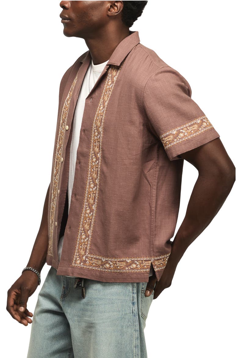 Embroidered Cotton Blend Camp Shirt, Alternate, color, BROWN MULTI