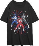Power Rangers Junior's Classic Fireworks Trio Short Sleeve Oversized T-Shirt
