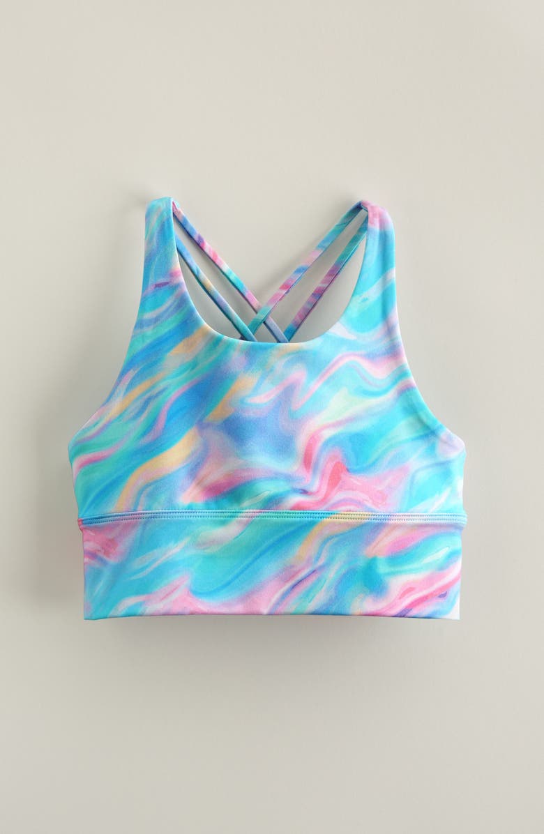 Zella Girl Kids' Strappy Seamless Bra, Main, color, Teal Tint Moody Waves Print