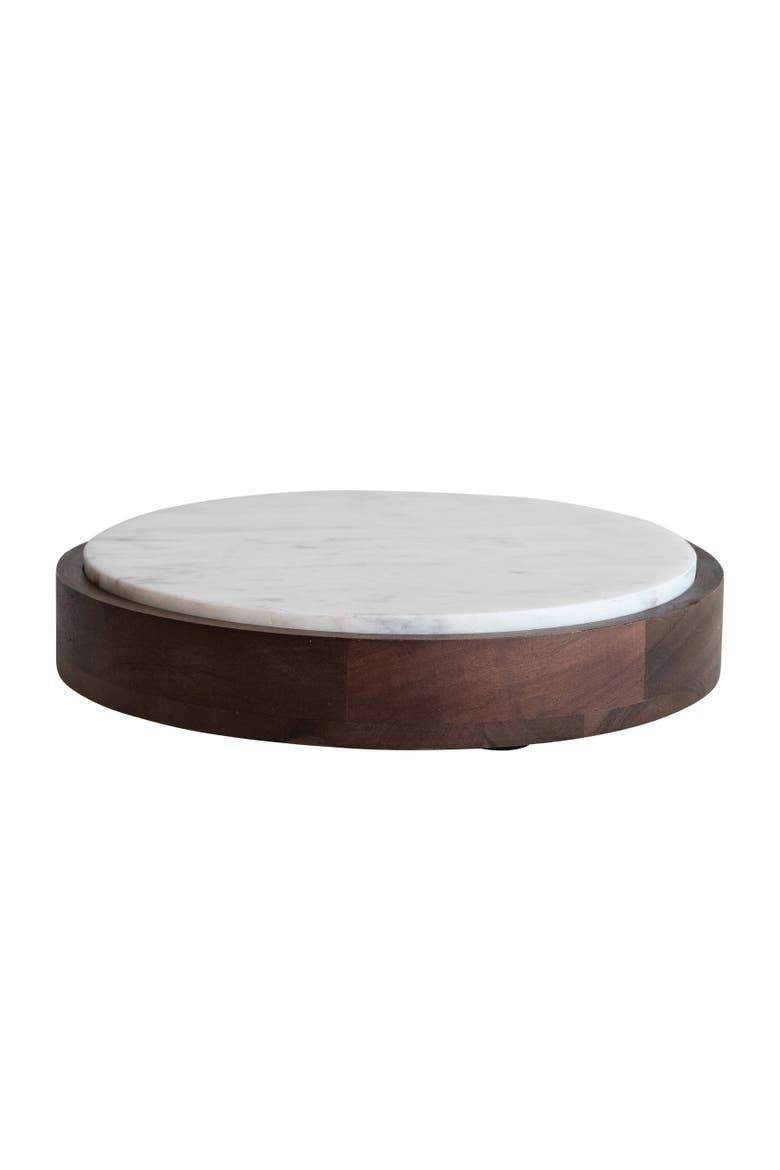 Mango Wood and Marble Food Pedestal with Removable Marble Tray, Walnut Finish, White, Main, color, White