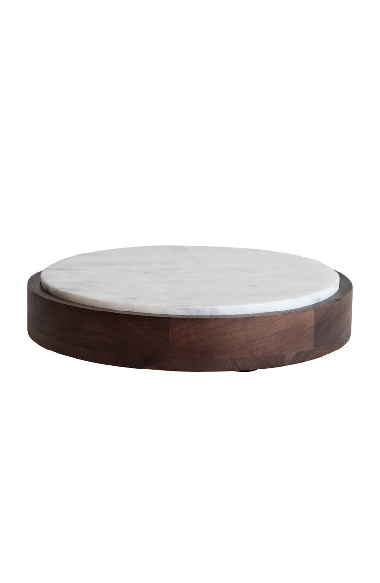 Storied Home Mango Wood and Marble Food Pedestal with Removable Marble Tray, Walnut Finish, White, Main, color, White