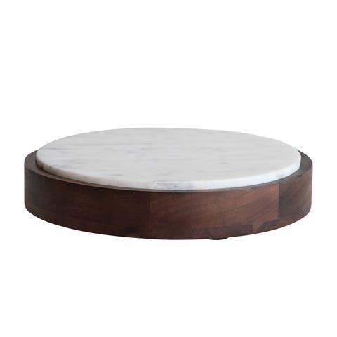 Mango Wood and Marble Food Pedestal with Removable Marble Tray, Walnut Finish, White